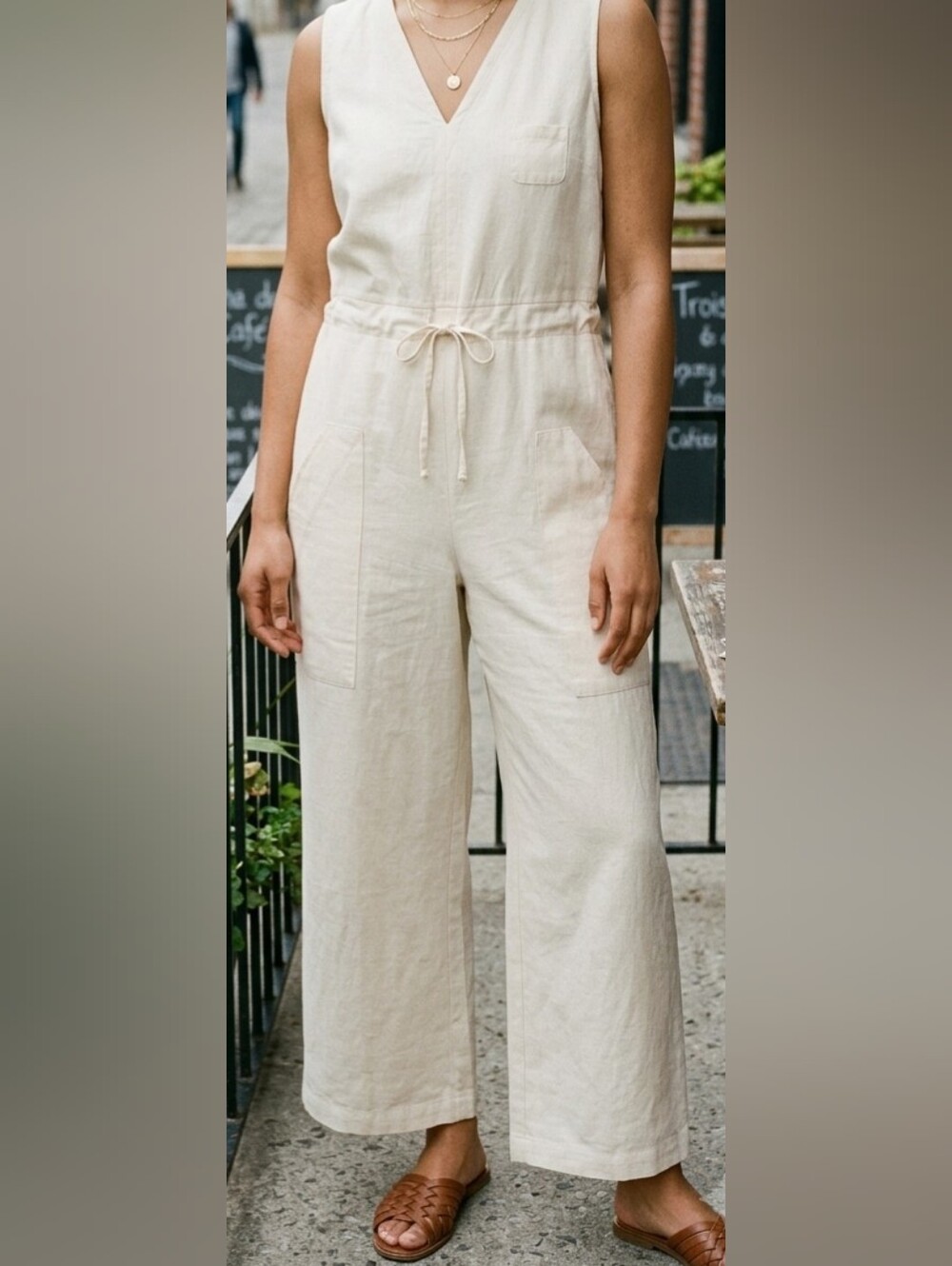 Sleeveless Wide-Leg Drawstring Jumpsuit in Cream